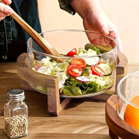 Glass Salad Bowl with Bamboo Base