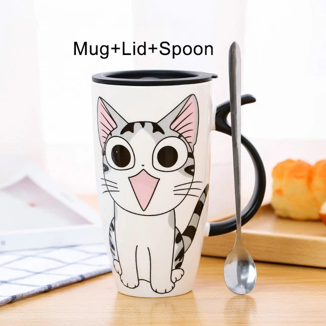 Cat Ceramic Mug with Lid and Spoon