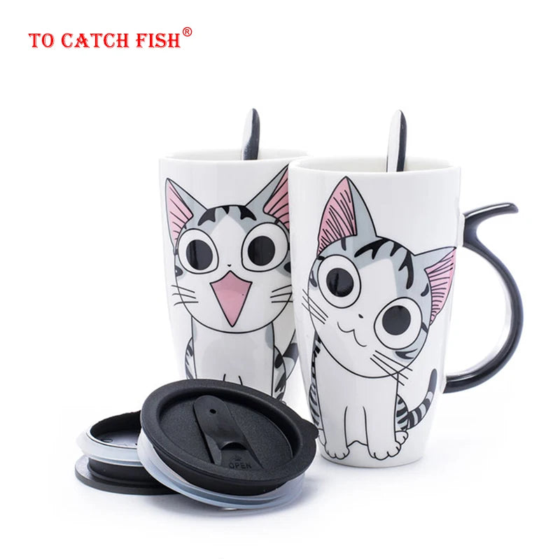 Cat Ceramic Mug with Lid and Spoon