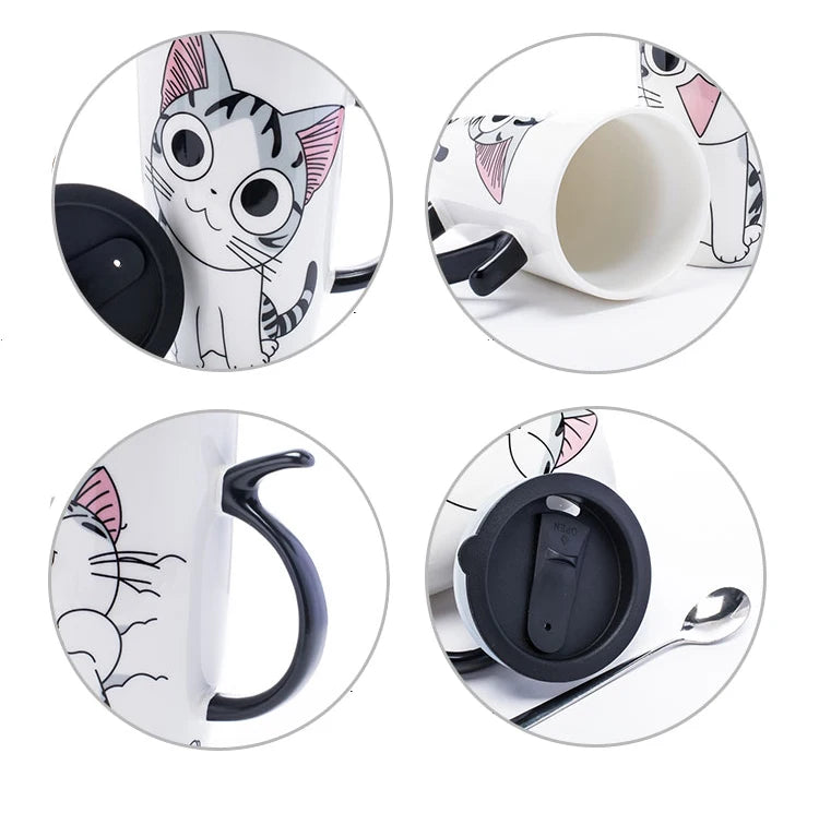 Cat Ceramic Mug with Lid and Spoon