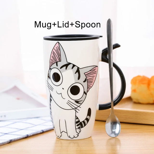 Cat Ceramic Mug with Lid and Spoon