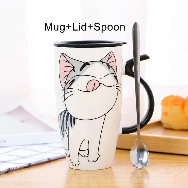 Cat Ceramic Mug with Lid and Spoon