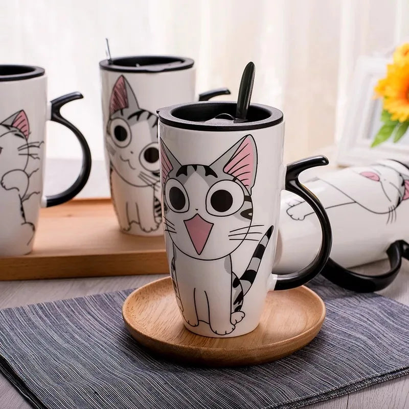 Cat Ceramic Mug with Lid and Spoon