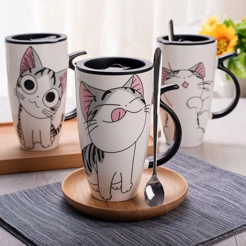 Cat Ceramic Mug with Lid and Spoon