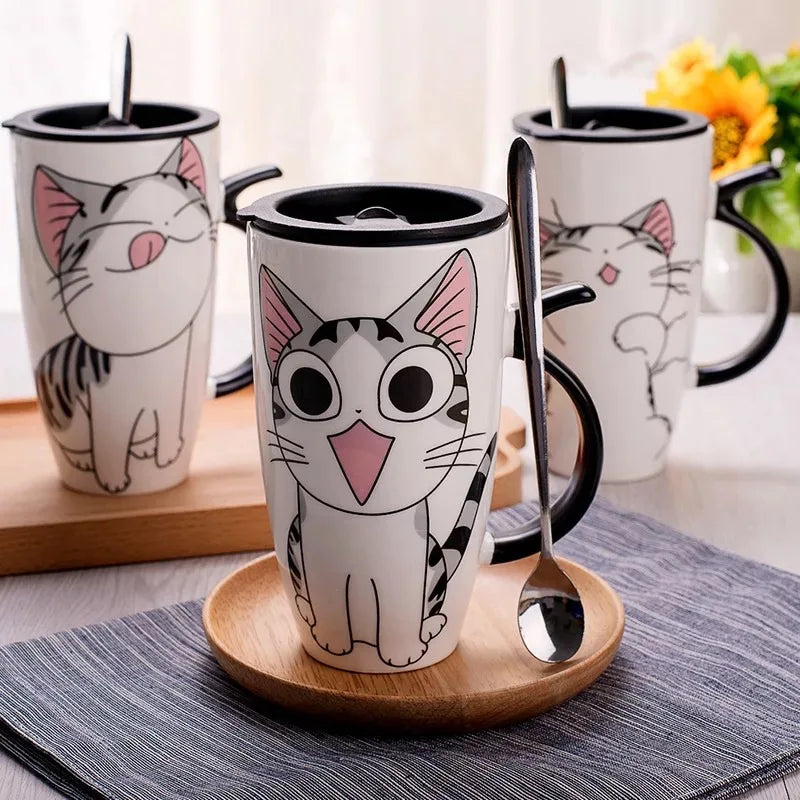 Cat Ceramic Mug with Lid and Spoon