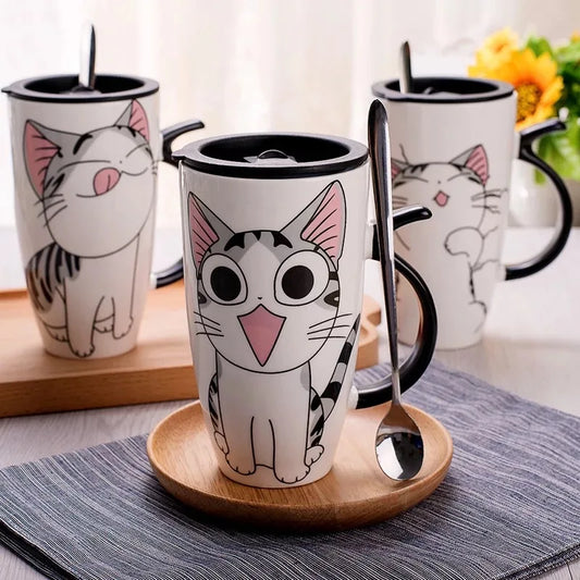 Cat Ceramic Mug with Lid and Spoon