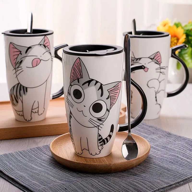 Cat Ceramic Mug with Lid and Spoon