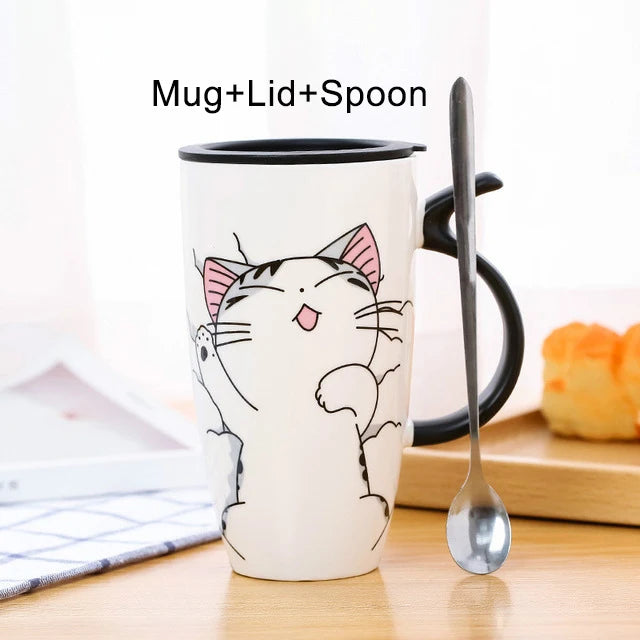 Cat Ceramic Mug with Lid and Spoon